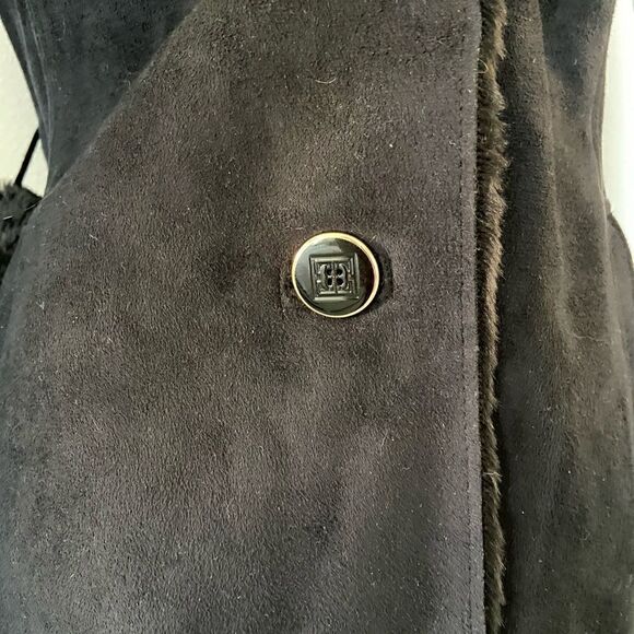 Faux fur trim shearling winter Coat, deep navy blue, XS - Picture 4 of 7